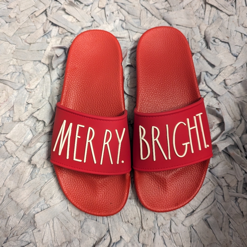 Rae Dunn red merry bright slides brand size 8